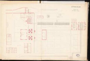 Hochofenanlage mit Verbindungsbahn Schinkelwettbewerb 1863: Lageplan der Gebäude; Maßstabsleiste