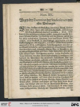 Num. XV. Wegen der Exemtion der Studiosorum von allen Werbungen