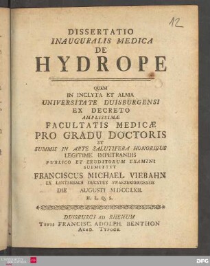 Dissertatio Inauguralis Medica De Hydrope