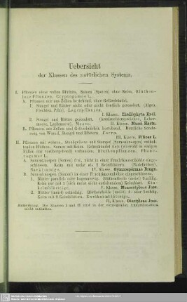 Uebersicht der Klassen des natürlichen Systems