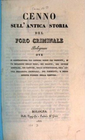 Cenno sull'antica storia del Foro criminale Bolognese. 1 (1835)