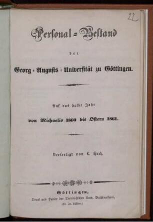 WS 1860/61: Personal-Bestand der Georg-Augusts-Universität zu Göttingen