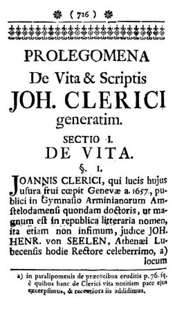 Prolegomena de Vita & Scriptis Clerici generatim.