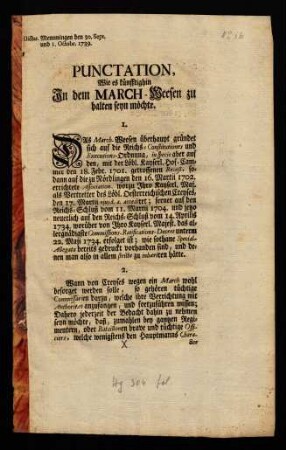 Punctation, Wie es künfftighin In dem March-Weesen zu halten seyn möchte : Dictat. Memmingen den 30. Sept. und 1. Ocotbr. 1739.