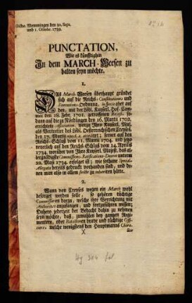 Punctation, Wie es künfftighin In dem March-Weesen zu halten seyn möchte : Dictat. Memmingen den 30. Sept. und 1. Ocotbr. 1739.