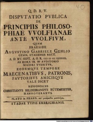 Disputatio Publica De Principiis Philosophiae Wolfianae Ante Wolfium