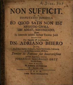 Non Sufficit. H. E. Disputatio Juridica De Eo Quod Satis Non Est Negotio Civili, Ubi Adest, Sustinendo