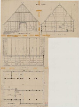 Dahl (Kreis Paderborn): Hof Ewers genannt Klüners. Haupthaus (Grundriss, Nordwestansicht, Schnitte).