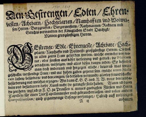 Den Gestrengen ... Herren Burggraffen, Burgermeistern, Rathmannen, Richtern und Gerichtsverwandten der Königlichen Stadt Dantzigk