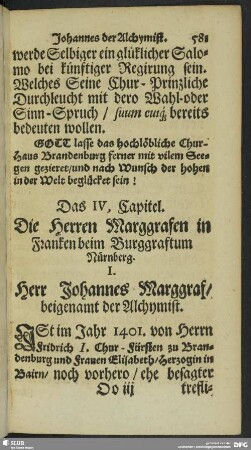 Das IV. Capitel. Die Herren Marggrafen in Franken beim Burggraftum Nürnberg