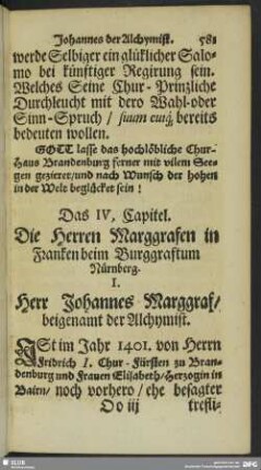 Das IV. Capitel. Die Herren Marggrafen in Franken beim Burggraftum Nürnberg