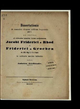 Dissertatio de nominibus clarorum artificum frequentatis / pars 1