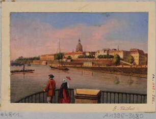 Blick von der Elbbrücke (alte Augustusbrücke, 1727-31 von Pöppelmann) nach Südosten auf die Altstadt mit Brühlscher Terrasse und Frauenkirche
