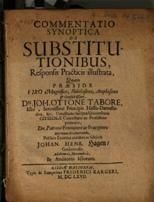 Commentatio synoptica de substitutionibus : responsis practicis illustrata