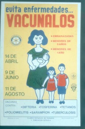 Plakat. Verhütet Krankheiten durch Impfung gegen Diphterie, Keuchhusten, Tetanus, KInderlähmung, Masern, Tuberkulose. Pananma