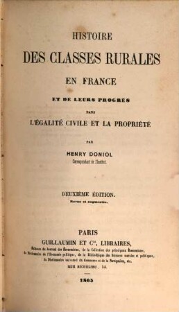 Histoire des classes rurales en France et de leurs progrès dans l'égalité civile et la propriété