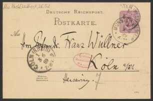 Postkarte an Franz Wüllner : 02.07.1889