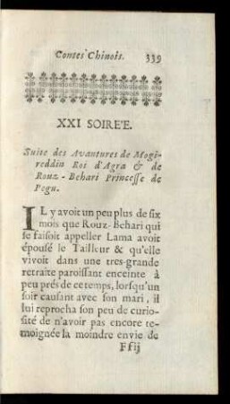 XXI Soirée. Suite des Avantures de Mogireddin Roy d'Agra & de Rouz-Behari Princeße de Pegu.