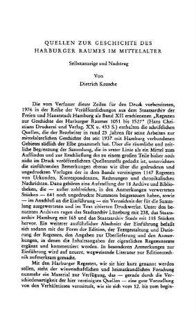 Quellen zur Geschichte des Harburger Raumes im Mittelalter : Selbstanzeige und Nachtrag