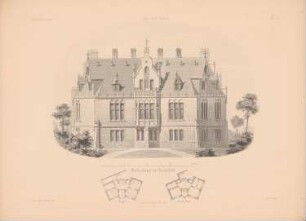 Wohnhaus, Bielefeld: Grundrisse, Vorderansicht (aus: Architektonisches Skizzenbuch, H. 117/6, 1872)