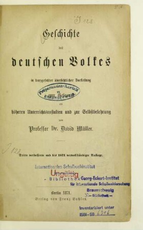 Geschichte des deutschen Volkes : in kurzgefaßten übersichtlichen Darstellungen zum Gebrauch an höheren Unterrichtsanstalten und zur Selbstbelehrung