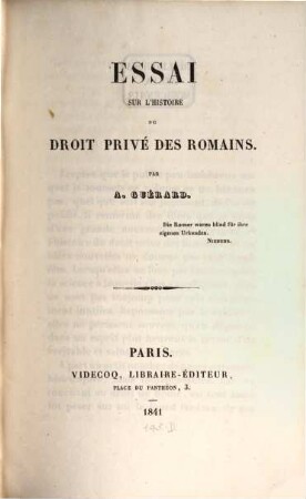 Essai sur l'histoire du Droit privé des Romains