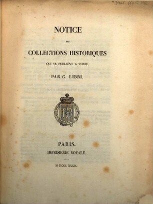 Notice des collections historiques qui se publient à Turin