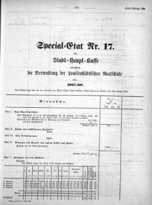 1867,19: Special-Etat Nr. 17 der Stadt-Haupt-Kasse betreffend die Verwaltung der Louisenstädtischen Realschule pro 1867/69