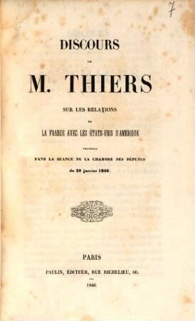 Discours... sur les relations de la France avec les États-Unis d'Amérique, prononcé dans la Séance de la Chambre des Deputés du 20 janvier 1846