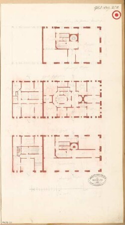Städtisches Wohnhaus Monatskonkurrenz Juli 1879: Grundriss Erdgeschoss, 1., 2. (= 3.) Obergeschoss; Maßstabsleiste