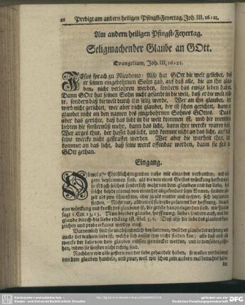 Am andern heiligen Pfingst-Feyertag. Seligmachender Glaube an Gott. Evangelium, Joh. III, 16-21