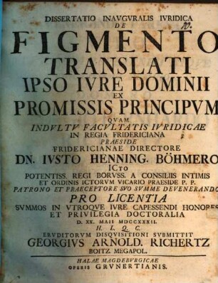 Dissertatio inauguralis iuridica de figmento translati ipso iure dominii ex promissis principum