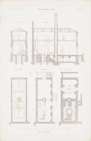 Wasserstation, Sorau: Grundriss Keller, EG, 1.OG, Schnitt AB, Schnitt CD (aus: Atlas zur Zeitschrift für Bauwesen, hrsg. v. G. Erbkam, Jg. 14, 1864)