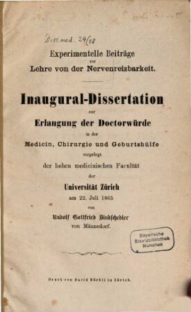 Experimentelle Beiträge zur Lehre von der Nervenreizbarkeit : Inaugural-Dissertation