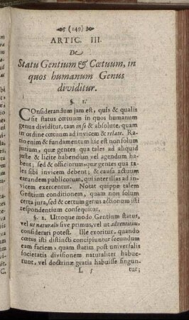 Artic. III. De Statu Gentium & Coetuum, in quos humanum Genus dividitur