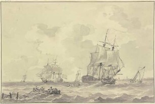 Schiffe bei bewegter See, eines löst eine Kanone, vorne zwei Ruderboote