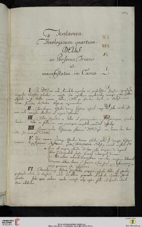 Material- und Thesensammlung: Tentamen Theologicum quartum DEUS in Personis Trinus et manifestatus in Carne