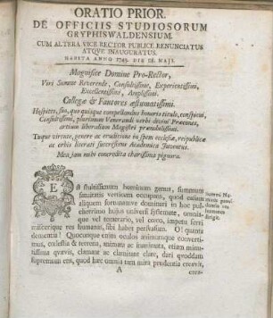 Oratio Prior. De Officiis Studiosorum Gryphiswaldensium. Cum Altera Vice Rector Publice Renunciatus Atqve Inauguratus.