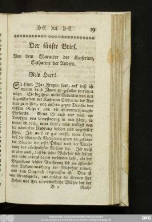 Der fünfte Brief. Von dem Character der Kaiserinn, Catharine der Andern.