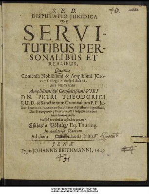 Disputatio Iuridica De Servitutibus Personalibus Et Realibus
