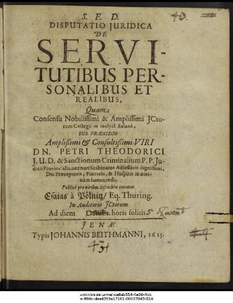 Disputatio Iuridica De Servitutibus Personalibus Et Realibus