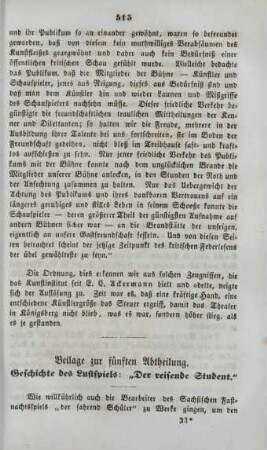 Beilage zur fünften Abtheilung. Geschichte des Lustspiels: "Der reisende Student"