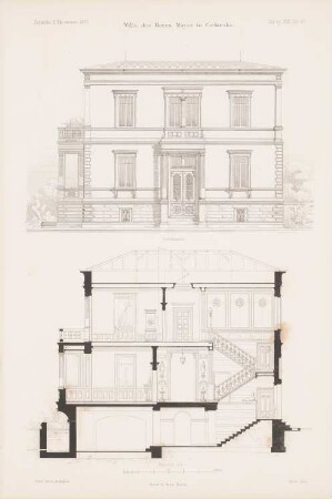 Villa des Herrn Mayer, Karlsruhe: Ansicht von Osten, Schnitt AB (aus: Atlas zur Zeitschrift für Bauwesen, hrsg. v. G. Erbkam, Jg. 21, 1871)