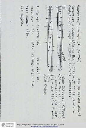 Ouverture a Flaut. d'Amour Hautb. d'Amour / 2 Violin. Viola e Cembalo. / Christoph Graupner.