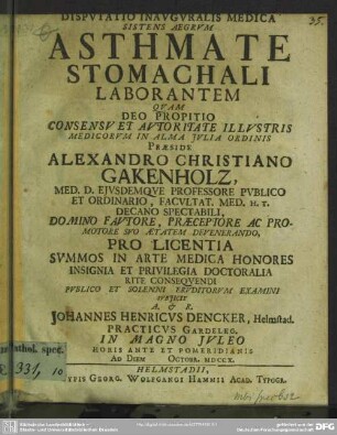 Disputatio Inauguralis Medica Sistens Aegrum Asthmate Stomachali Laborantem