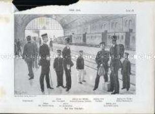 Uniformdarstellung, Büchsenmacher, Offizier und Kadetten des Kadetten-Korps und Zöglinge von Militärschulen am Bahnhof, Preußen, 1910/1912. Tafel 27 aus: Knötel: Preußen, Unser Heer.