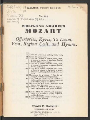 Offertories, Kyrie, Te deum, Veni, Regina Cœli, and Hymns