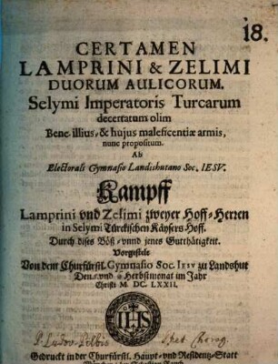 Certamen Lamprini et Zelini duorum Aulicorum ...