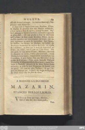 A Madame La Duchesse Mazarin. Stances Irregulieres.