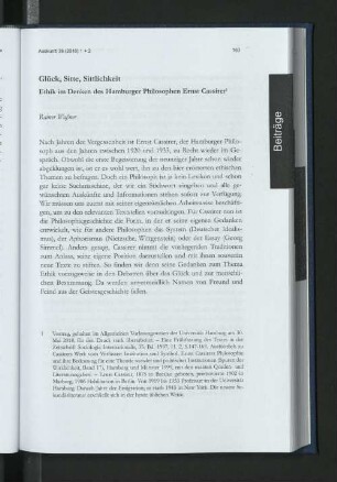 Glück, Sitte, Sittlichkeit. Ethik in Denken des Hamburger Philosophen Ernst Cassirer.
